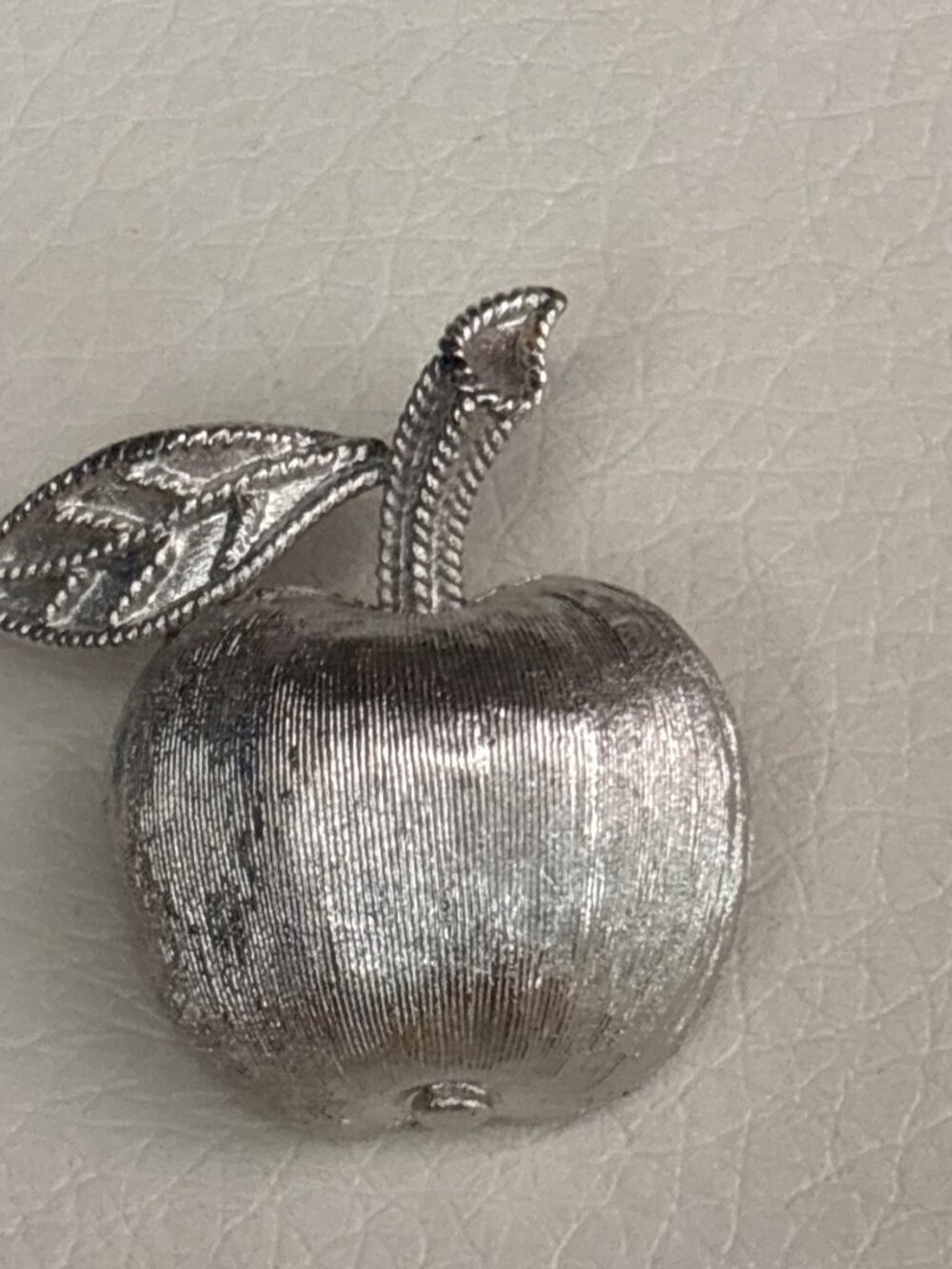 Trifari Vintage Silver Tone Brushed Apple Brooch Leaf Figural Fruit Pin Signed